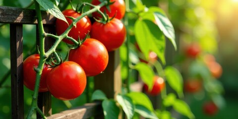 Vibrant red tomatoes ripening on a wooden trellis in a lush garden, bathed in sunlight, showcasing the beauty of homegrown produce.
