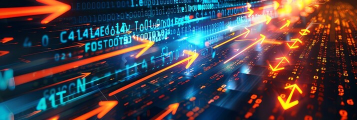 Data Stream - Abstract of fast-moving data streams, represented by glowing arrows and binary code. Ideal for tech, finance, or innovation concepts