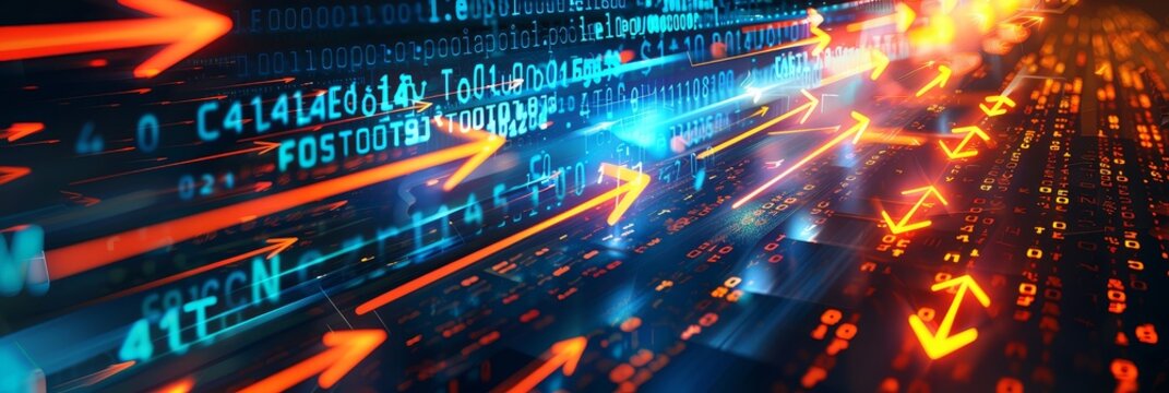 Data Stream - Abstract of fast-moving data streams, represented by glowing arrows and binary code. Ideal for tech, finance, or innovation concepts