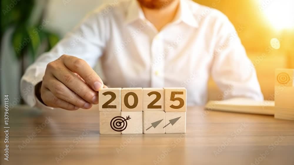 Poster person arranging wooden blocks with year and target symbols on a wooden surface in bright light