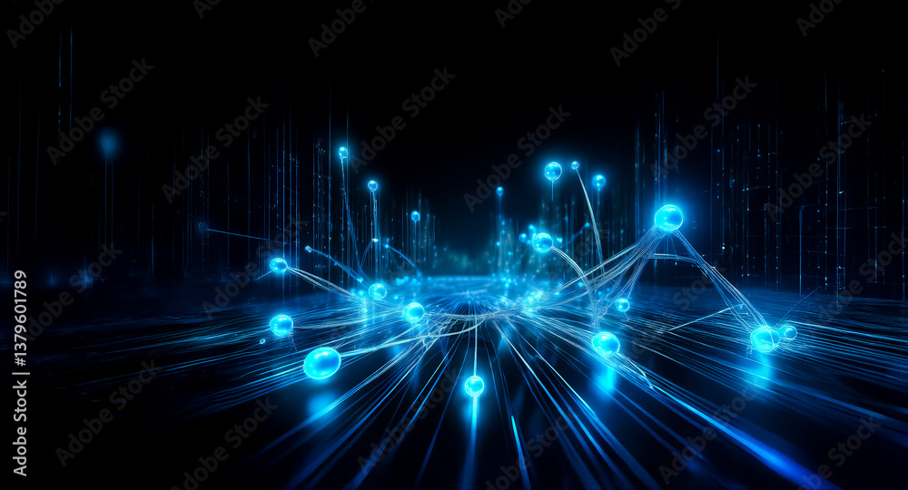 Poster a network of glowing blue nodes and lines illuminates a dark space, visualizing interconnected digit