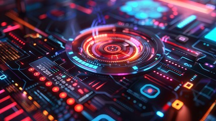 Futuristic Technology Interface - Close-up of a vibrant, glowing interface with intricate circuitry and neon lights