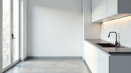 Modern minimalist kitchen design with a sleek dark countertop and integrated sink, featuring a bright spacious room with large windows and clean lines.