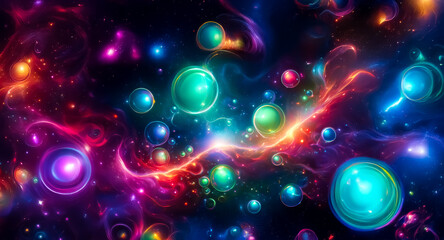 A vibrant cosmic expanse filled with luminous spheres and swirling nebulas. Bright, colorful, dynamic space background with shining stars.