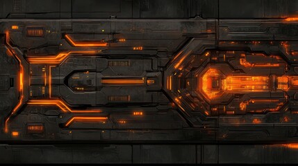 Obraz premium Glowing futuristic panel, spaceship interior, orange lights, dark background, sci-fi game texture