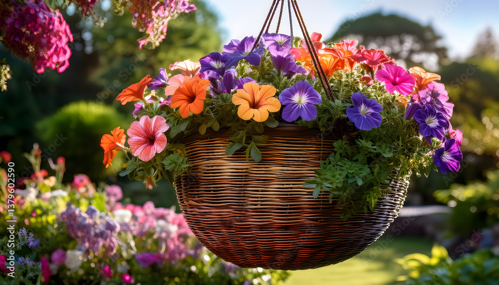 Poster a vibrant hanging basket filled with colorful flowers, surrounded by a lush garden setting, creating