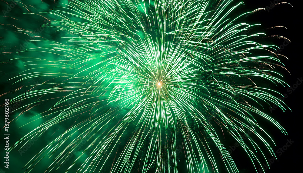 Poster vibrant fireworks explode in a starburst pattern against a dark sky, showcasing bright green and whi