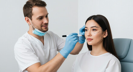 Fototapeta premium A surgeon meticulously marking a young woman's face for a cosmetic procedure, a moment of trust and anticipation before transformation, against a clean, bright backdrop.