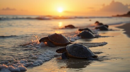 AI-generated illustration of sea turtles on a sandy beach at sunset, with waves and a vibrant sky