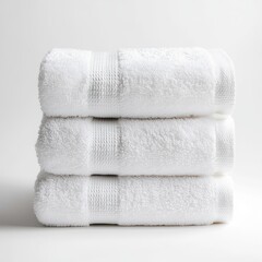 Stacked, white, soft and fluffy terrycloth towels on a bright white surface