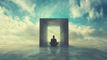 Serene Businessman Meditating in Concrete Cube with Tranquil Sky and Sea View