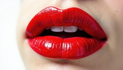 Obraz premium Close-up of luscious red lips against pure white backdrop, beauty, promotion, cosmetic