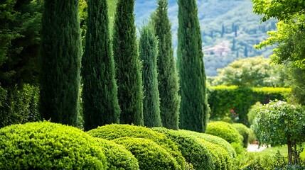 Fototapeta premium Serene Cypress Trees and Manicured Green Bushes in Tranquil Garden Landscape