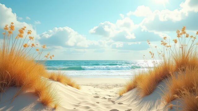 Tranquil coastal landscape featuring golden sand dunes with tall grasses, a sandy path leading to the beach and calm ocean waves, under a bright blue sky with fluffy white clouds