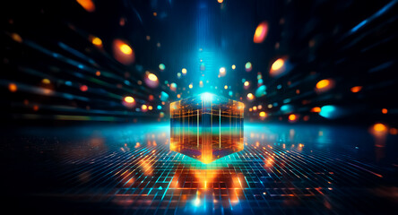 Fototapeta premium Abstract glowing cube surrounded by vibrant light streaks. It evokes a sense of futuristic technology, speed, and digital network in a dark environment.