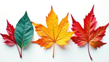Fototapeta premium Colorful isolated leaves against white background, isolated leaves, colorful foliage, solo leaves