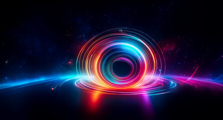 Obraz premium Vibrant, swirling light vortex with a spectrum of colors illuminates a dark space. Abstract streaks of neon hues create a dynamic and futuristic feel.