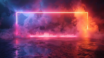 Neon Frame Abstract Landscape - Vibrant neon rectangle, pink and orange hues, cosmic cloudscape, reflective surface, energy concept. Symbolizing imagination, dreams, technology, future, and infinity
