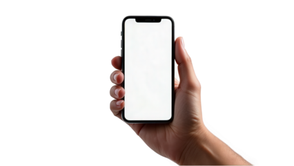 A person's hand holds a modern smartphone with a blank white screen, ideal for showcasing mobile apps and UI designs, isolated on transparent background