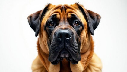 Obraz premium Imposing mastiff, close-up head shot, pure white backdrop, close up, mastiff, powerful