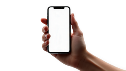 A person's hand holds a modern smartphone with a blank white screen, ideal for showcasing mobile apps and UI designs, isolated on transparent background