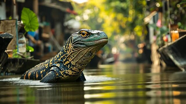 A majestic monitor lizard partially submerged in a waterway with a blurred, lush backdrop.