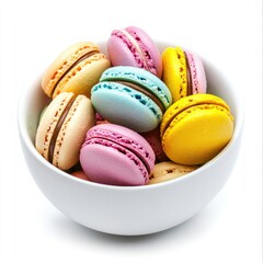 Bowl filled with colorful, assorted macaroons with chocolate filling