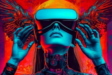 Fototapeta premium Experience the digital world: girl navigating the metaverse through virtual reality.