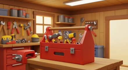 Red Toolbox Full of Tools Sitting on Wooden Table in Workshop