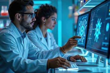 A futuristic laboratory with scientists analyzing molecular data on multiple screens, illuminated by blue lights, featuring high-tech equipment and digital displays.