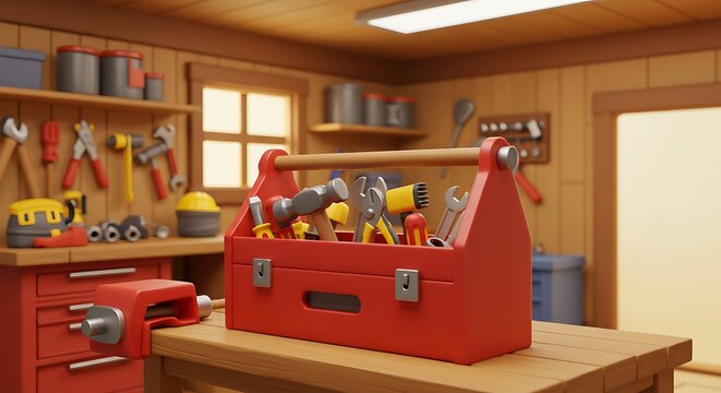 Red Toolbox Full of Tools Sitting on Wooden Table in Workshop - Powered by Adobe
