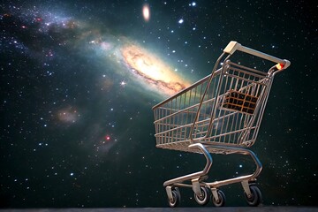Shopping Cart Against the Expansive Canvas of a Starry Night Sky, Representing the Vastness of Online Retail and Ecommerce