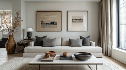 Modern living room with art and neutral tones © dany