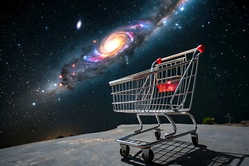 A shopping cart sits on a desolate landscape under a breathtaking cosmic swirl, symbolizing the vastness of online shopping.