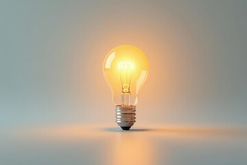 Single lightbulb glowing brightly on white background, focus, abstract
