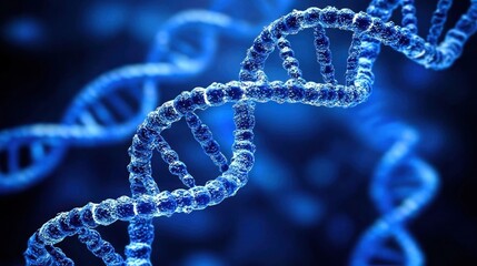 Abstract double-helix DNA strands with glowing blue lights on a dark background