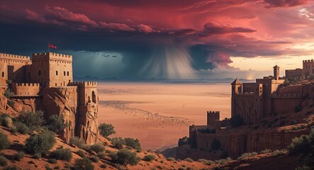 Obraz premium A cliffside fortress overlooking a vast dry desert with a storm brewing on the horizon and a crimson sky above