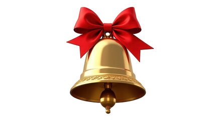 Golden bell with smooth, shiny surface and a festive red bow tied at the top, isolated on transparent background, perfect for holiday-themed designs, Christmas decorations, or celebration visuals.