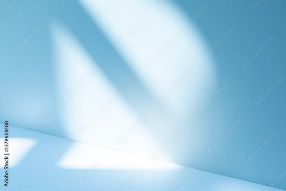 Poster Wall interior background, studio and backdrops show products. with soft light shadow from window color blue and white. background for text insertion and presentation of product