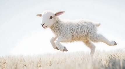 Fototapeta premium A playful lamb jumping joyfully across a sunlit meadow, surrounded by soft golden grass, radiating innocence and vitality