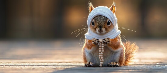 A cute squirrel wearing a scarf and holding a rosary beads