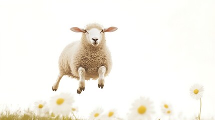 Fototapeta premium A playful sheep jumping above a field of blooming daisies under a bright and serene sky