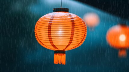 Fototapeta premium Illuminating rain lanterns transforming the streets of an asian festival during a rainy night