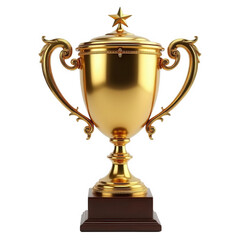 Fototapeta premium Shiny gold trophy with intricate handles and a decorative star on top, isolated on transparent background, ideal for visuals emphasizing achievement, success, and prestigious recognition.