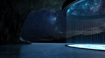 A futuristic observatory cliff with waterfall view, moonlight flooding the floor, stars flowing overhead