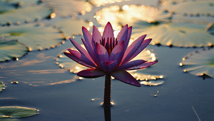 Golden Hour Water Lily: Purple Bloom & Sunlit Reflections