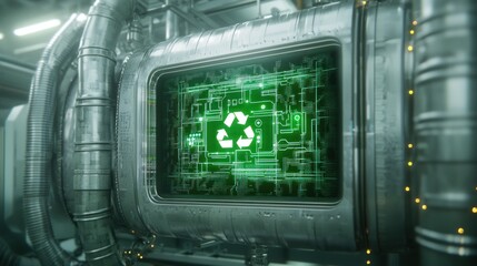 Obraz premium Innovative recycling technology futuristic facility digital interface industrial environment close-up view sustainability concept