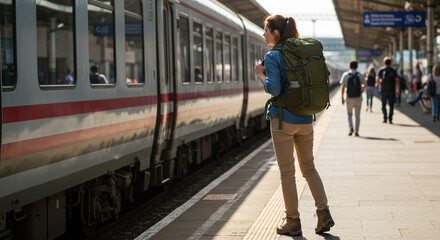A lone traveler, backpack laden, awaits her train, bathed in the warm sunlight of a bustling railway station platform.