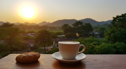 serene atmosphere with steaming hot coffee with cake, morning sunshine
