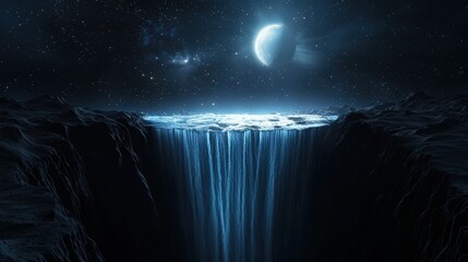 A lunar-inspired landscape with light beams as waterfalls, stars orbiting the flow, moon casting clarity